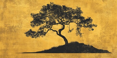 Golden Sunset Silhouette Of A Solitary Tree On An Island