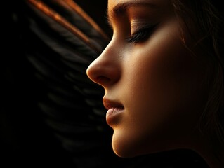 Captivating profile of a woman with dark wings in dramatic lighting