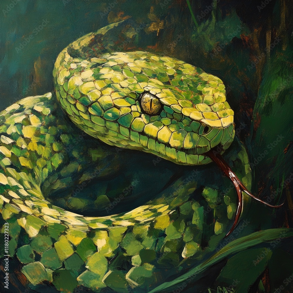 Poster a close-up image of a green snake coiled on a green surface