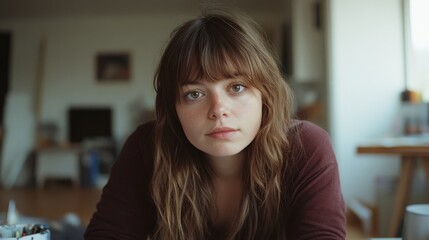 A thoughtful person with long hair gazes into the camera, set in a cozy, softly lit room, conveying a sense of contemplation and warmth.