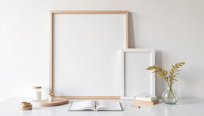 Collage frame mockup on a desk with natural wooden and white frames and stationery