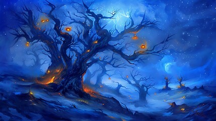 Glowing Trees Underneath A Starry Night Sky
