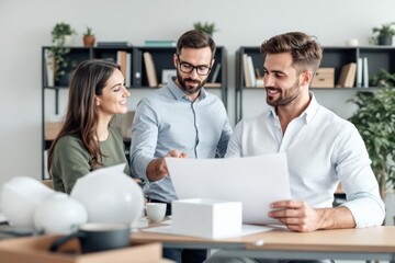 Fototapeta premium Male architect with architectural model explaining to colleague in office