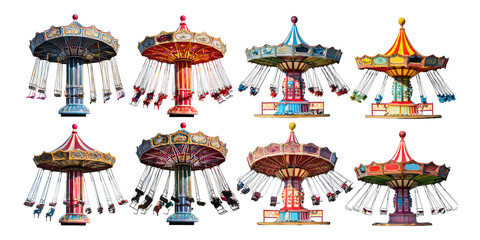 Colorful Carousel Rides at Amusement Park with Excited Riders