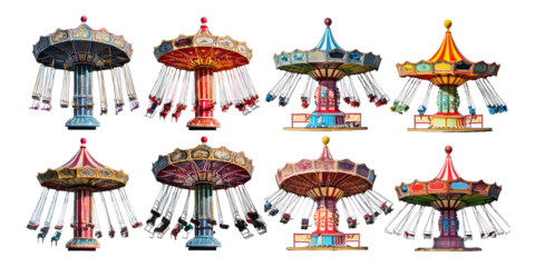 Colorful Carousel Rides at Amusement Park with Excited Riders