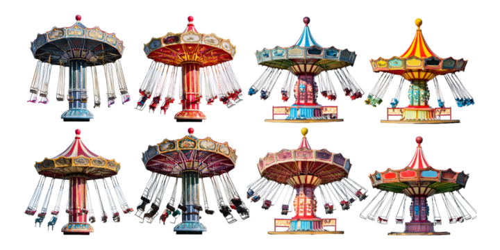 Colorful Carousel Rides at Amusement Park with Excited Riders
