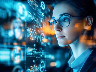 Businesswoman analyzing data on futuristic digital interface display