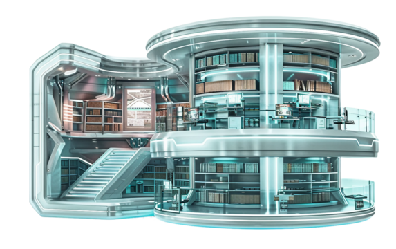 A Futuristic Library Featuring Holographic Books and Advanced Design Isolated on Transparent Background PNG