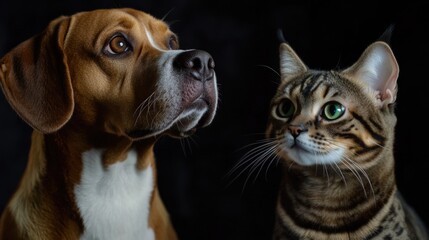 A curious dog and cat standing nose-to-nose, frozen in a moment of tension