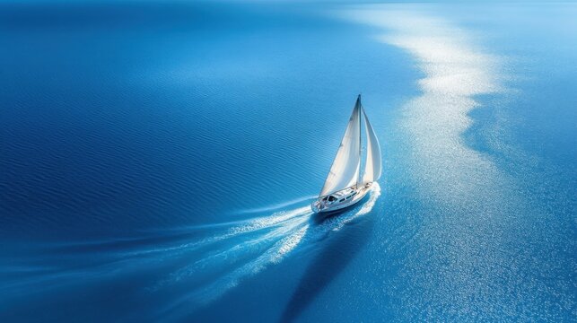 A white sailboat gliding gracefully across a calm, deep blue ocean with shimmering sunlight reflecting on the water