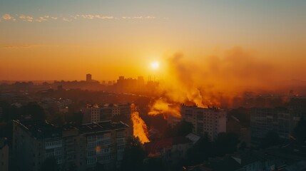 Obraz premium Aerial view of industrial facility emitting smoke into the atmosphere during sunrise at dawn