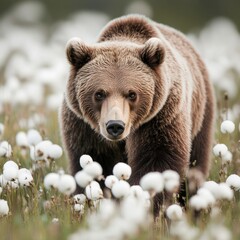 Fototapeta premium A brown bear walks through a field of white flowers
