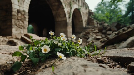 Obraz premium Small white flowers bloom amid ancient, ruinous stone arches, offering a delicate touch in a historical setting.