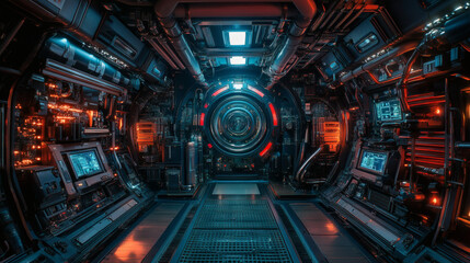 Obraz premium Futuristic Spaceship Corridor: A captivating view of a sleek, futuristic spaceship corridor, bathed in an ethereal blue and red glow, showcasing the intricate machinery and glowing panels.