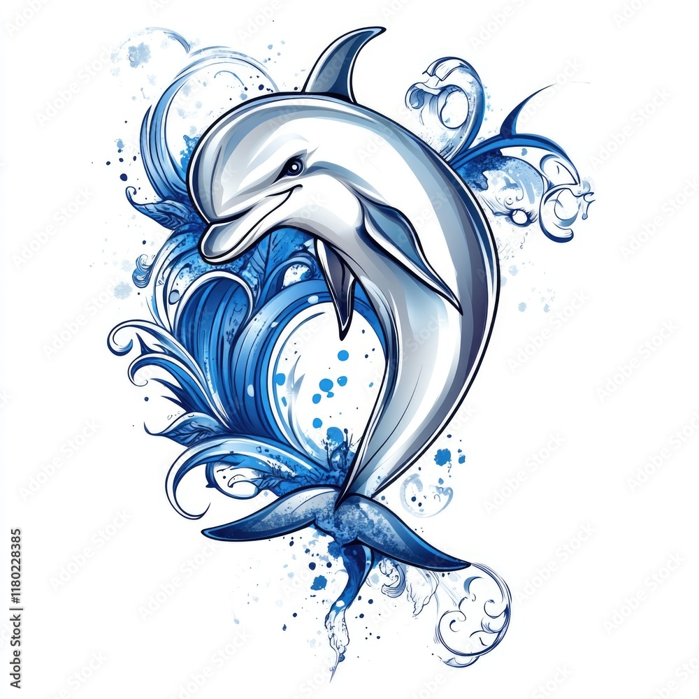 Poster a dolphin leaping out of the ocean, splashing and playing in the waves