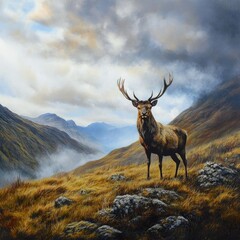A deer stands on a hill with a serene landscape in the background