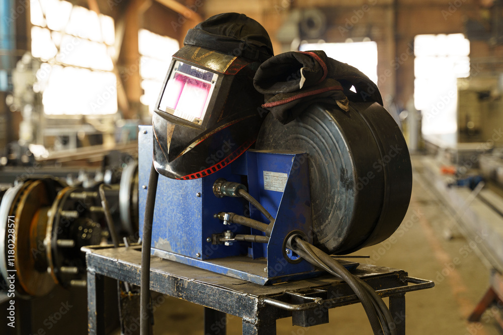 Poster welding equipment on a workshop table in a busy industrial setting