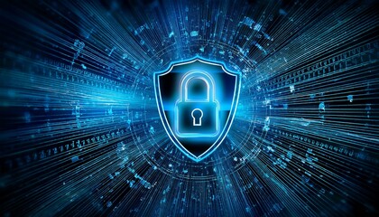 Digital security image with a glowing lock symbol on a background with precise patterns placed to represent encrypted codes
