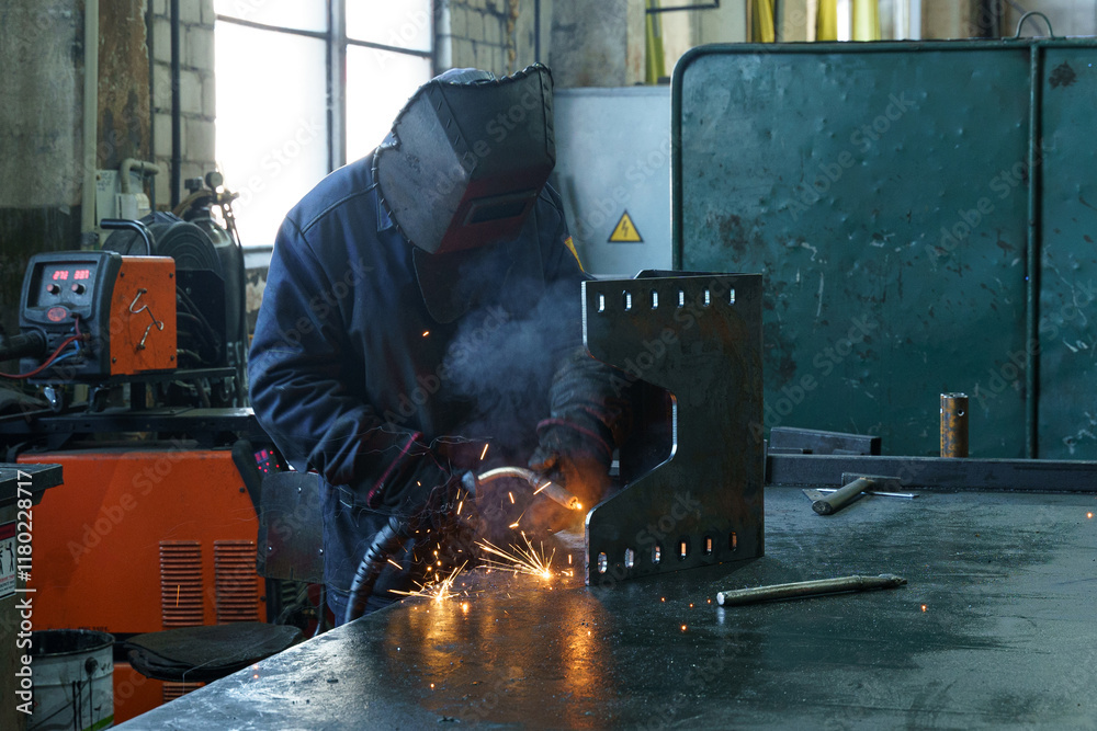 Poster worker engaging in metal fabrication using welding techniques in a workshop