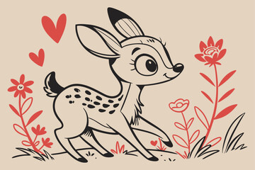 A whimsical and cute cartoon illustration of a baby deer.