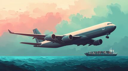 A side view of a cargo plane in flight over international waters, transporting goods across continents. Ivorylight. Illustration