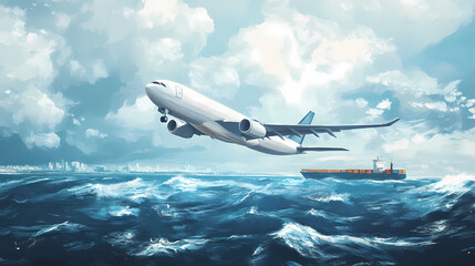 A side view of a cargo plane in flight over international waters, transporting goods across continents. Ivorylight. Illustration
