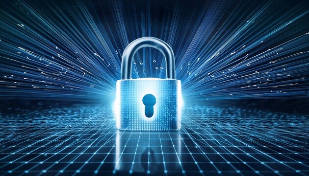 Digital security image with a glowing lock symbol on a background with precise patterns placed to represent encrypted codes