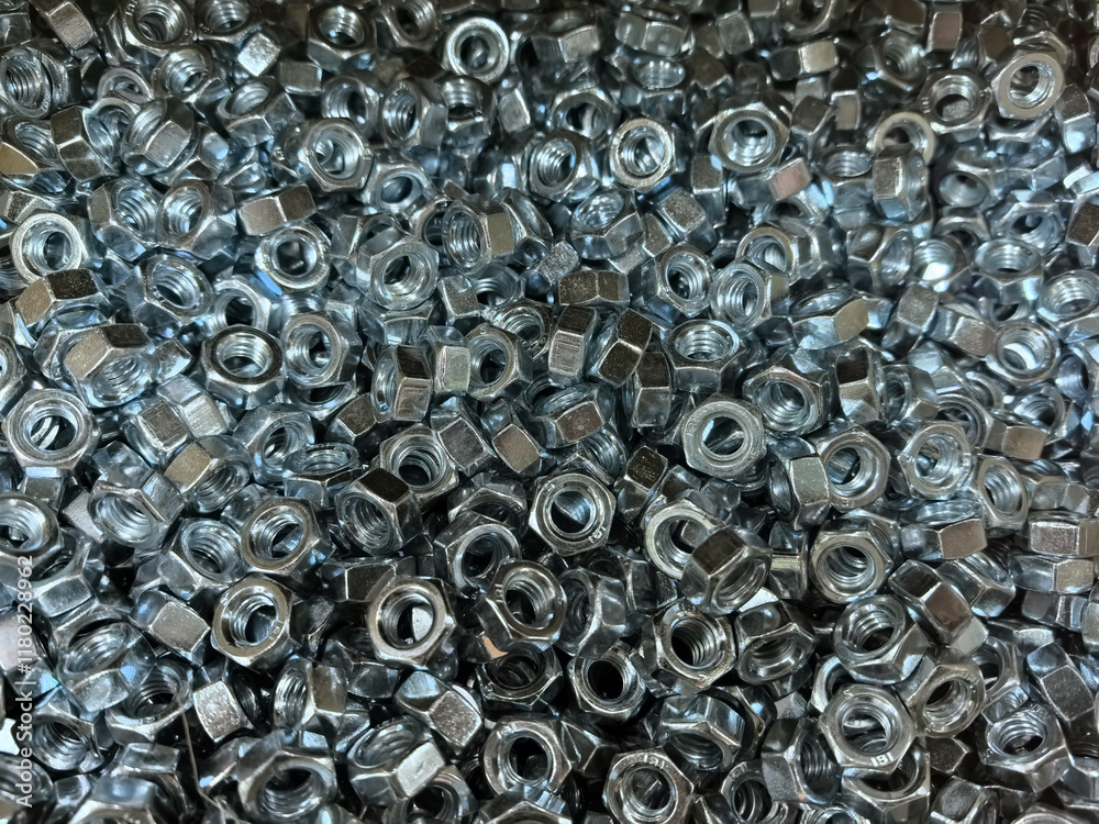 Poster collection of shiny metal nuts in a close-up view for industrial use