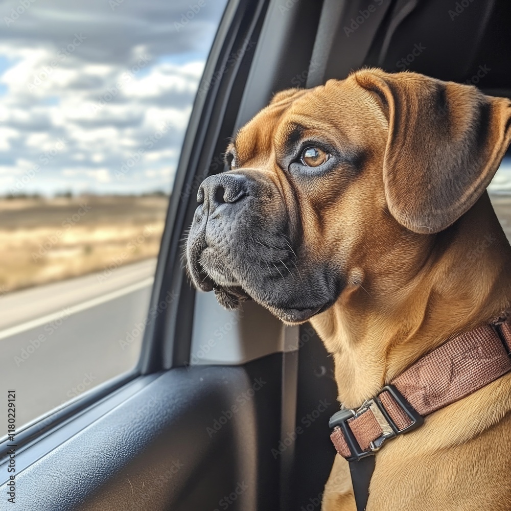 Poster a dog looking out the window of a car, suitable for travel or commuting themes