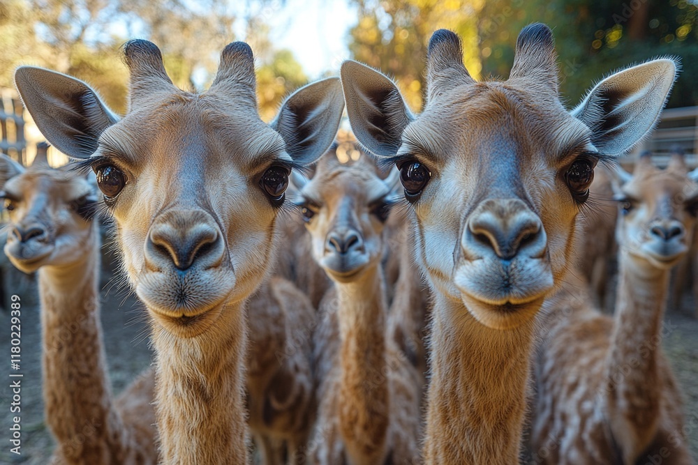 Poster a group of giraffes standing side by side, showcasing their unique features