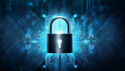 Digital security image with a glowing lock symbol on a background with precise patterns placed to represent encrypted codes
