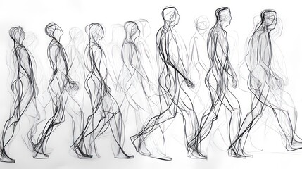Line Drawing of Walking Figures - A black and white line drawing showcasing a series of walking figures, capturing the motion of movement in a dynamic abstract style.