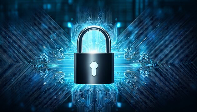 Digital security image with a glowing lock symbol on a background with precise patterns placed to represent encrypted codes