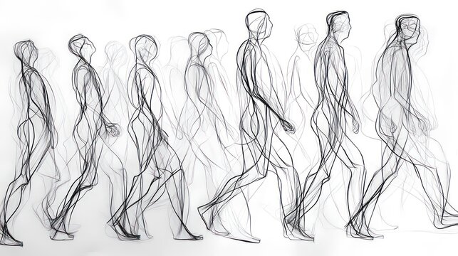 Line Drawing of Walking Figures - A black and white line drawing showcasing a series of walking figures, capturing the motion of movement in a dynamic abstract style.