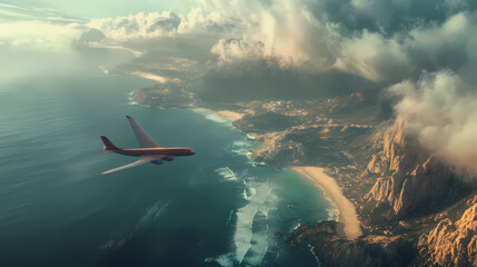 Aerial view of airplane flying over coastline. Ivorylight. Illustration