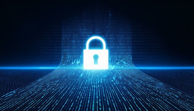 Digital security image with a glowing lock symbol on a background with precise patterns placed to represent encrypted codes