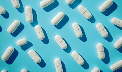 A collection of white powdered pills displayed on a blue surface, indicative of medical care and prescription medication.