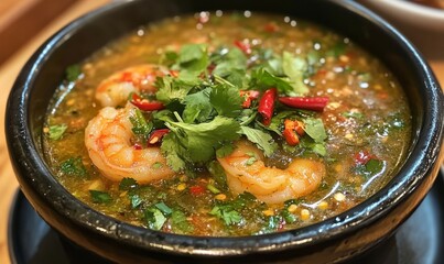 A colorful shrimp soup with a variety of herbs and spices, served in a black bowl. Garnished with fresh cilantro and red chili peppers.