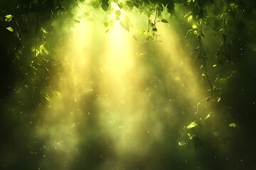 Magical sunlit forest scene with green leaves and fog.