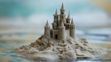 A sandy castle stands tall on a warm beach day with clear blue sky and sun shining down