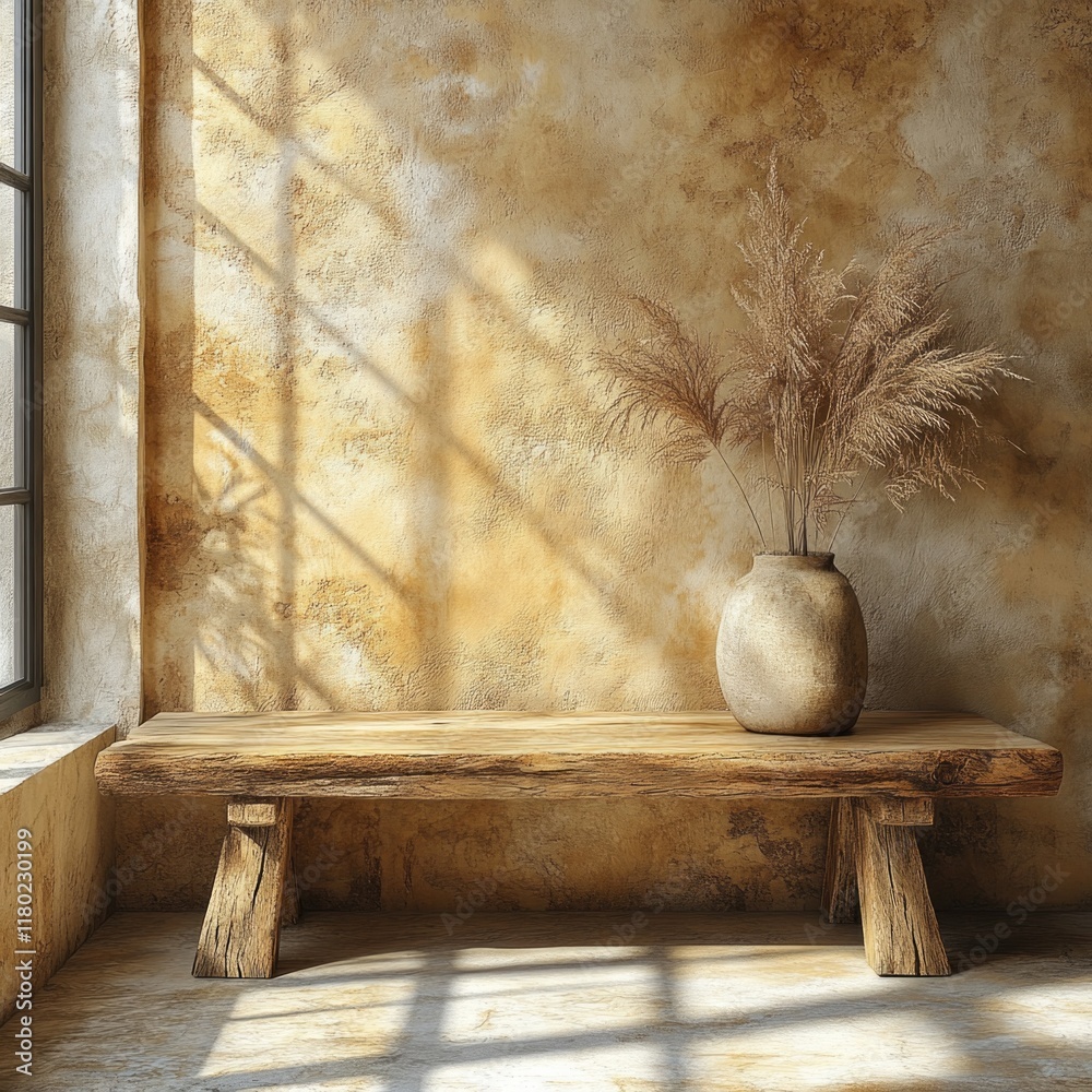 Poster a simple wooden bench placed in front of a window, possibly in a home or office