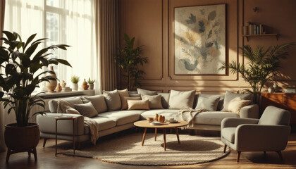 Art deco interor living room with a large window, curtains, a sofa, a coffee table, and a record player.