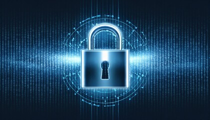 Digital security image with a glowing lock symbol on a background with precise patterns placed to represent encrypted codes