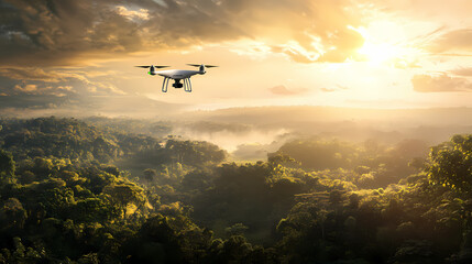 Fototapeta premium Ai-powered drone for environmental conservation with aerial mapping, compact and agile, flying over a national park, under bright sunlight. Ivorylight. Illustration