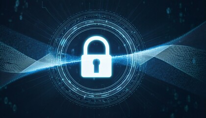 Digital security image with a glowing lock symbol on a background with precise patterns placed to represent encrypted codes