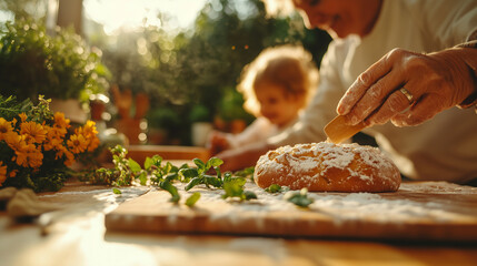 Grandchild and grandparent baking bread together in a sunny kitchen filled with plants and flowers