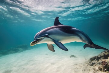 Obraz premium A dolphin swims in the ocean with its mouth open, showcasing its natural behavior