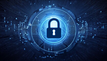 Digital security image with a glowing lock symbol on a background with precise patterns placed to represent encrypted codes