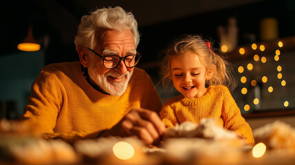 Grandchild and grandparent enjoying a joyful baking session together during a cozy evening at home