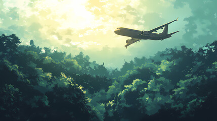 Airplane flying over dense green forest. Ivorylight. Illustration
